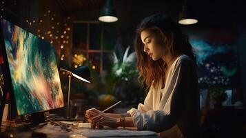 A woman is working on a computer at night photo