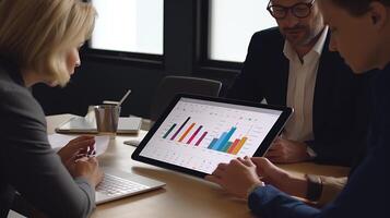 Three business people sitting at a table with a laptop photo