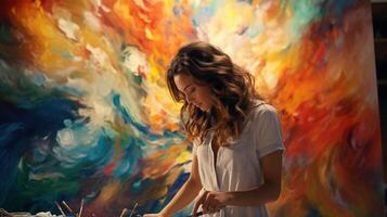 A woman painting on a canvas in front of a colorful painting photo