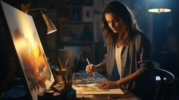 A woman is painting on a canvas at night photo