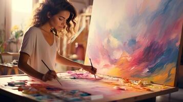 A woman is painting on a canvas with a brush photo