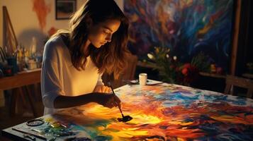 A woman is painting on a canvas with colorful paint photo