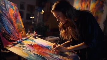 A woman is painting on an easel with colorful paint photo
