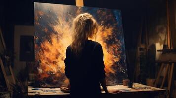 A woman is painting on a canvas in an art studio photo