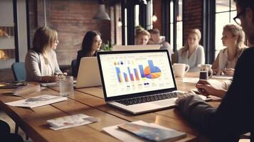 People sitting around a table with a laptop and a chart on it photo