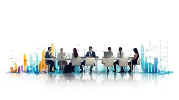 Business people sitting at a table with graphs and charts photo