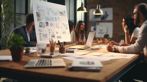 A group of people sitting around a table with a laptop photo