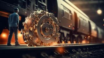 A man standing next to a train with a large wheel photo