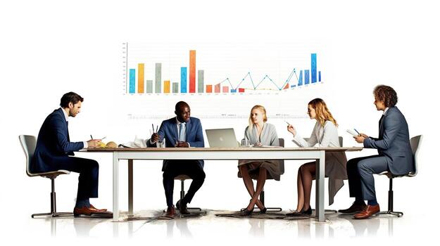 A group of business people sitting around a table with a chart on the wall photo