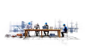 A group of people in blue hard hats sitting at a table photo