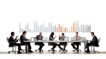 Business people sitting at a table with graphs on the wall photo