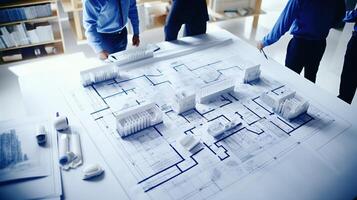 Architectural design concept with blueprints and people photo