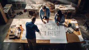 Three people working on a blueprint in an office photo