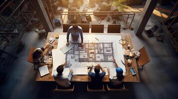 A group of people sitting around a table with a blueprint photo