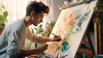 A man is painting on an easel with a brush photo