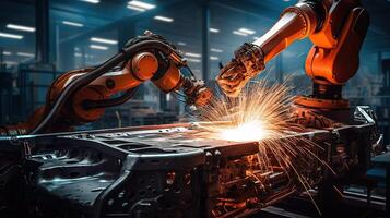 Robots welding metal in an industrial factory photo