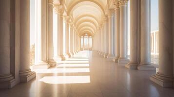A long hallway with columns and windows photo