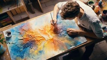 A man is painting on a large canvas photo