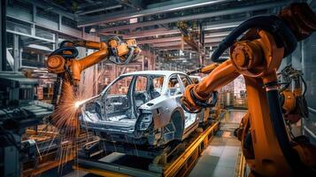 Automotive industry robots welding car in factory photo