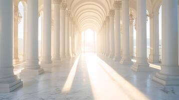 A long hallway with pillars and white marble photo