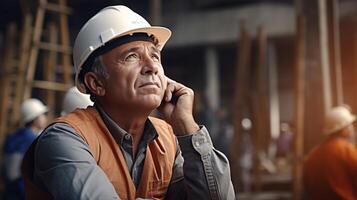 A man in a hard hat and vest is looking at something photo
