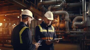 Two men in hard hats standing in front of pipes photo