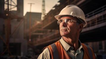 A man in a hard hat and safety glasses standing in front of a construction site photo