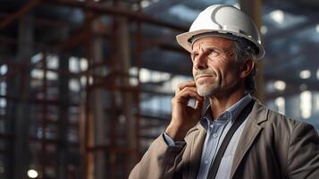 A man in a hard hat and suit standing in front of a building photo