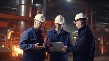 Three men in hard hats standing in front of a factory photo