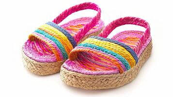 A pair of colorful woven sandals on a white surface photo