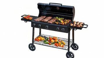 A barbecue grill with meat and vegetables on it photo