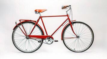 A red bicycle is shown against a white background photo