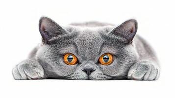 A gray cat with orange eyes laying down photo