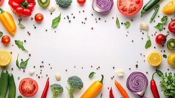 Fresh vegetables and fruits arranged in a circle on a white background photo