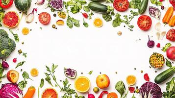 Various fruits and vegetables arranged in a square frame photo