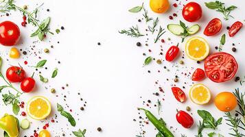 Fresh vegetables and herbs arranged in a circle photo