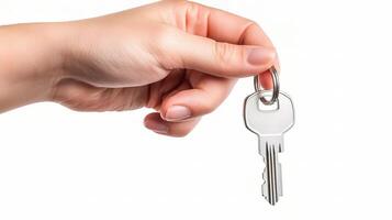 A hand holding a key on a white background photo