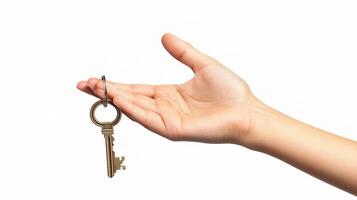 A hand holding a key on a white background photo