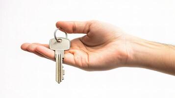 A hand holding a key in front of a white background photo