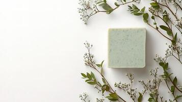 A soap bar surrounded by green leaves photo