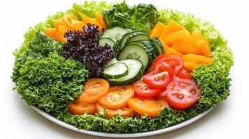 A plate of vegetables and salad on a white background photo