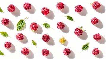Raspberries and leaves on white background photo