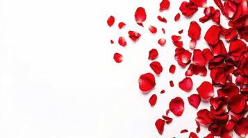 Red rose petals on white background photo
