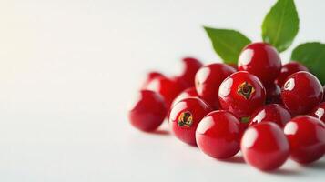 A bunch of red berries with leaves on top photo
