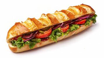 A long sandwich with lettuce, tomatoes, onions and cheese photo