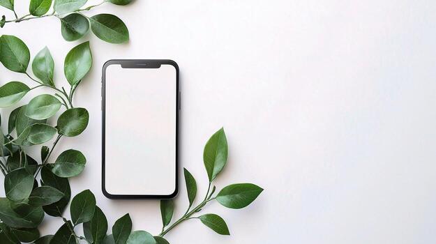 Smartphone with blank screen and eucalyptus leaves on white background photo