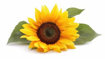 A single sunflower is shown on a white background photo