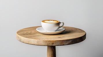 A coffee cup sits on top of a wooden table photo