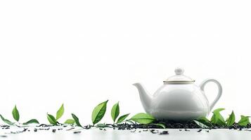 A white tea pot with leaves on a white table photo