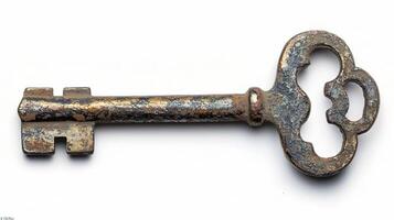 An old rusty key on a white background photo